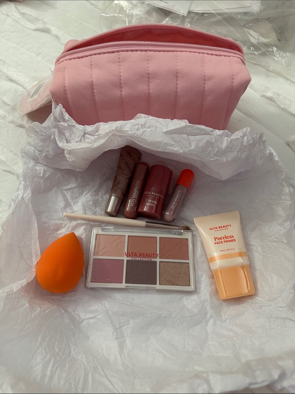 Ulta Beauty Pink Cosmetic Pouch with Primer & Pink-Toned Makeup Set